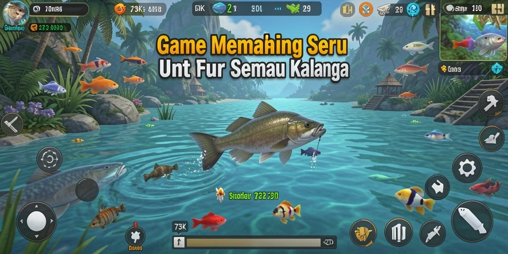 Tampilan gameplay 73K dengan pengalaman memancing yang realistis.