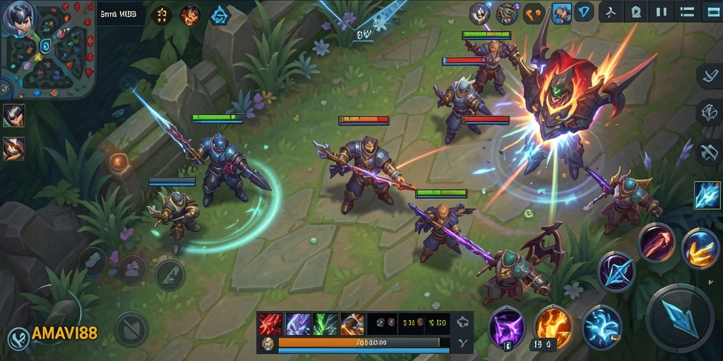 Tangkapan layar gameplay MOBA yang penuh aksi dan strategi.