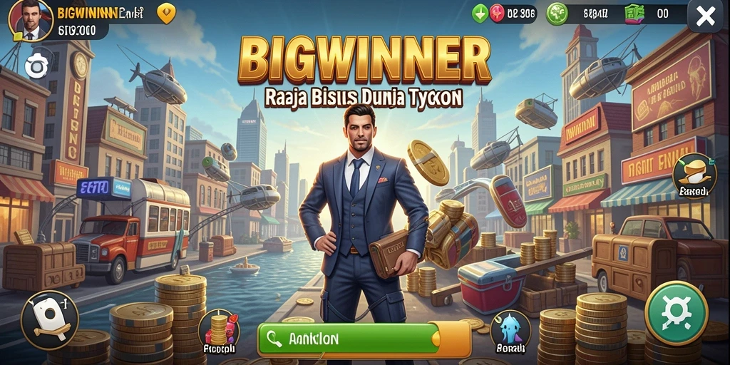 Tangkapan layar gameplay BIGWINNER yang menunjukkan manajemen bisnis yang menarik.