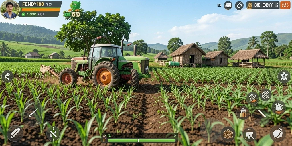 Tampilan gameplay FENDY188 dengan ladang yang subur dan hewan ternak.