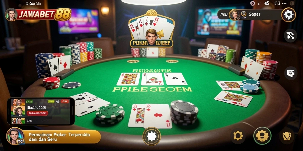 Screenshot utama JAWABET88 menampilkan gameplay poker yang seru dan interaktif.