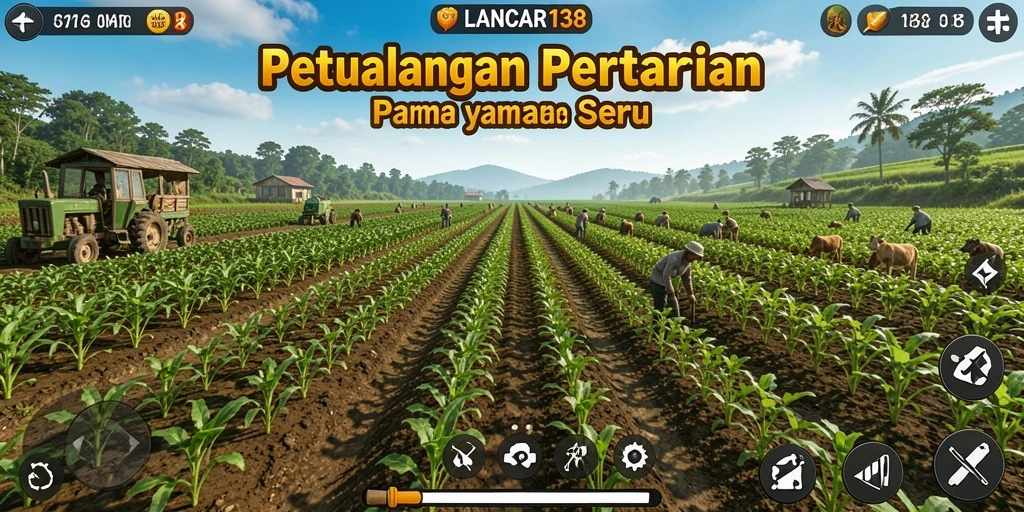 Screenshot gameplay LANCAR138 menampilkan ladang yang subur dan hewan ternak.