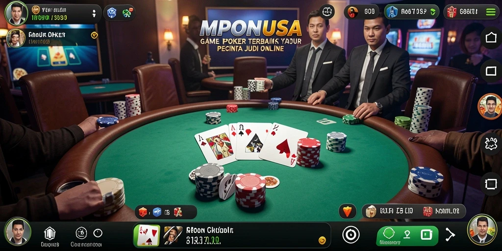 Screenshot utama MPONUSA menampilkan pemain poker sedang berkompetisi.